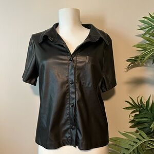 Black Short Sleeve Button-Up Top| faux leather professional shortsleeve
